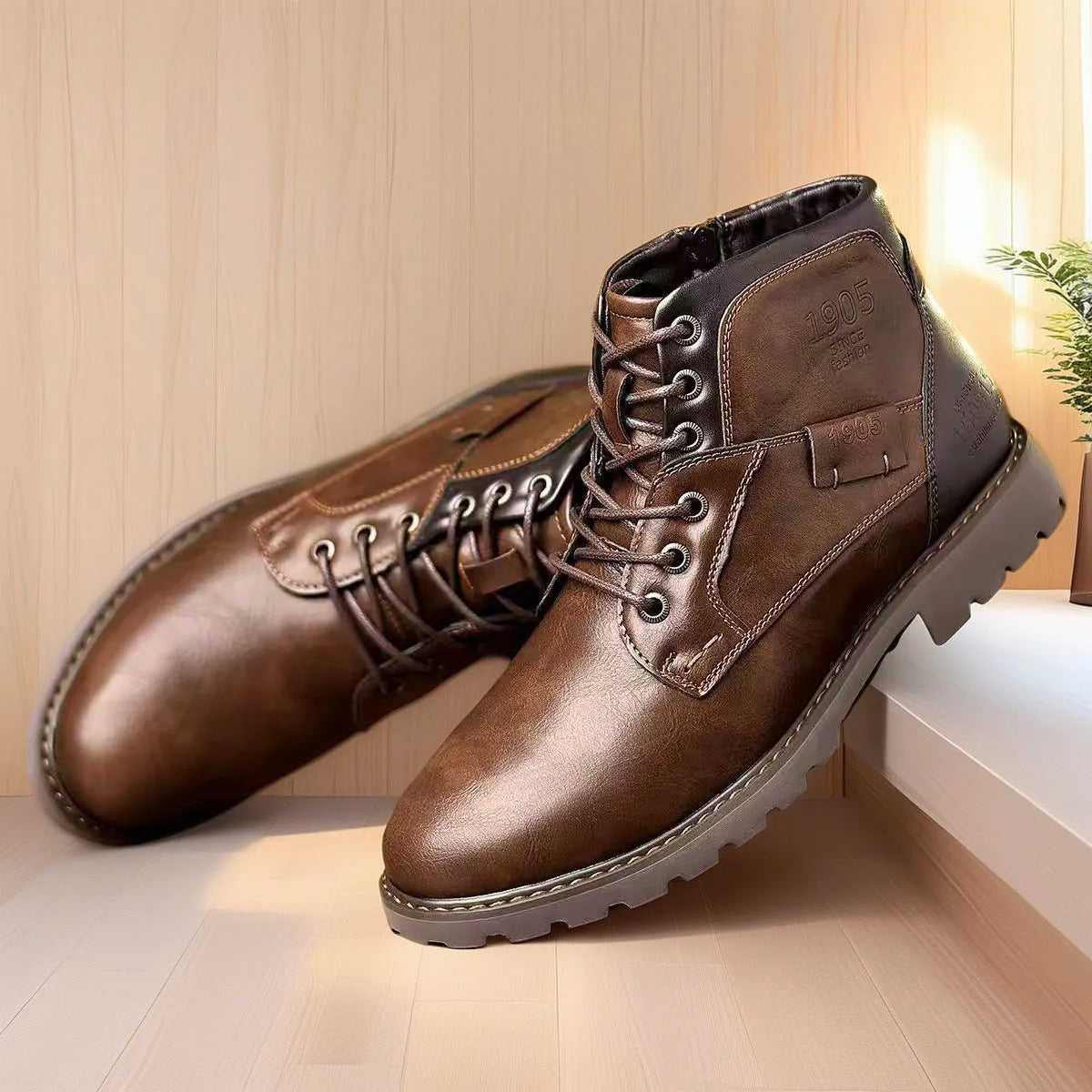 Men's brown side-zip Martin ankle boots with round toe and rubber sole