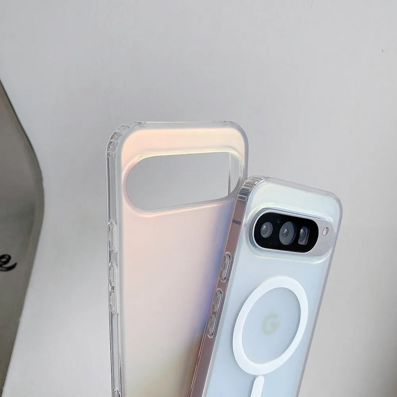 Google phone case with a colourful frosted laser finish, made from a combination of TPU and PC materials in a matte style, offering protection against drops and shocks with added anti-fingerprint and wear-resistant properties.