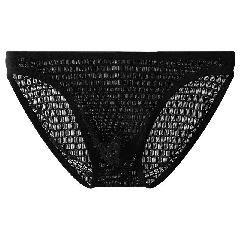 Men's low waist transparent lace underwear in various colours on a size chart background.