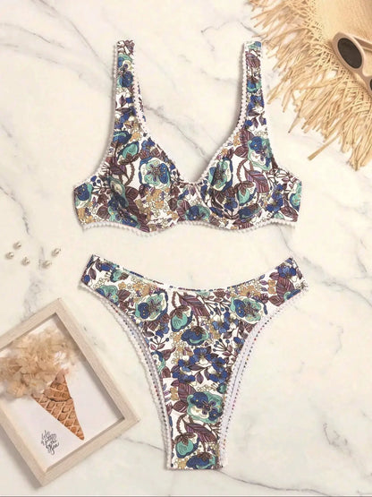 Women's printed bikini swimsuit with push-up top and high-waist briefs