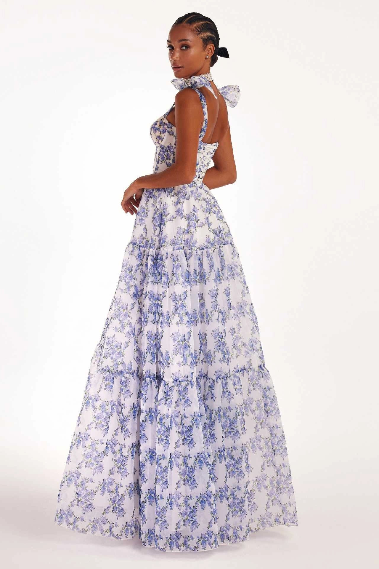 Floral off-the-shoulder organza dress with lace-up detail in a stunning blue hue