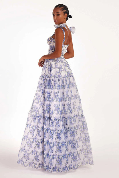 Floral off-the-shoulder organza dress with lace-up detail in a stunning blue hue