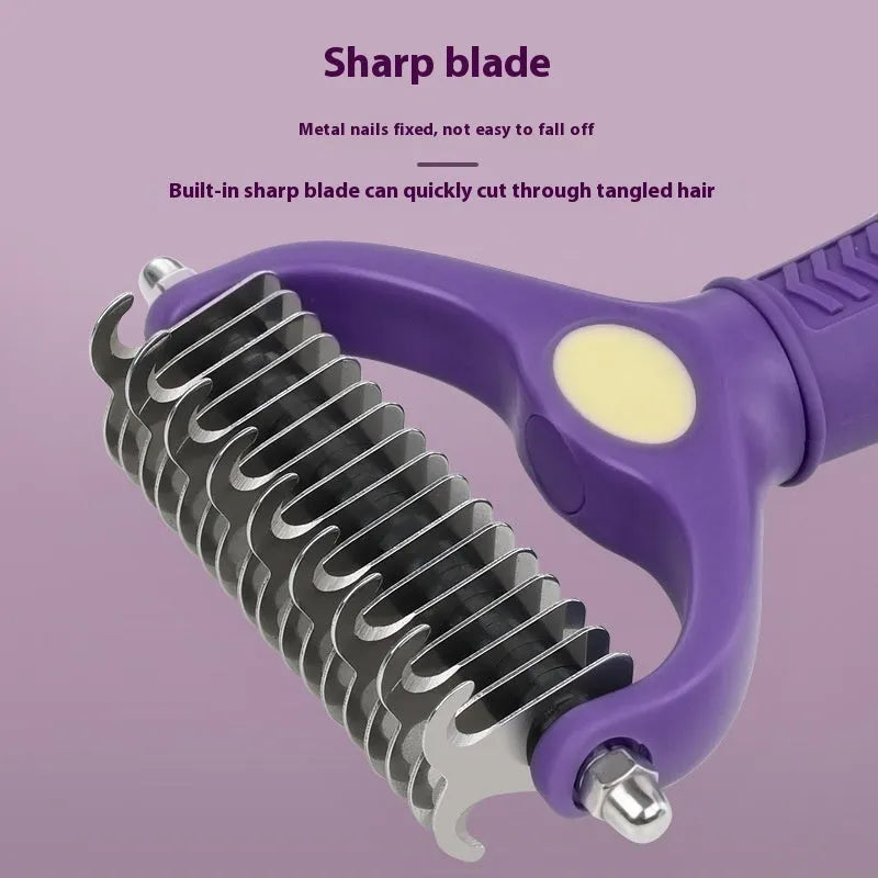 Purple double-sided pet comb for cats and dogs with knot untangling function