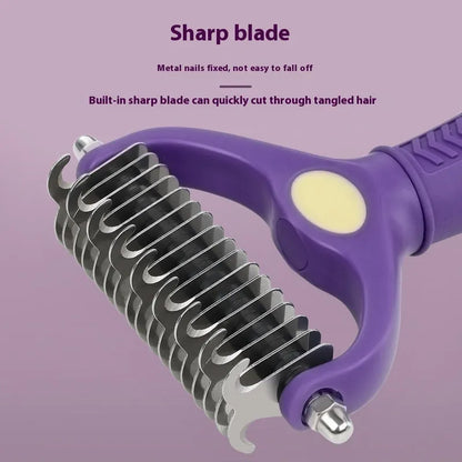 Purple double-sided pet comb for cats and dogs with knot untangling function