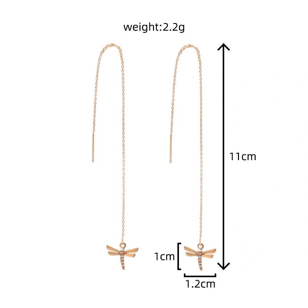 Gold copper dragonfly micro-set zircon long tassel ear wire jewellery