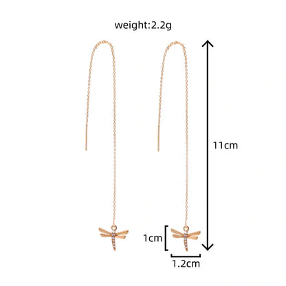 Gold copper dragonfly micro-set zircon long tassel ear wire jewellery