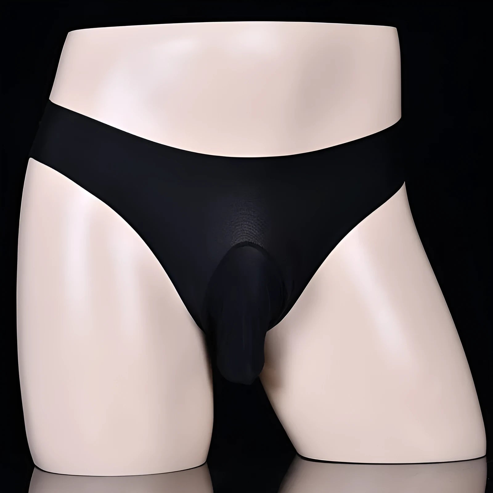 Men's low-rise Ice Silk T-back briefs on a white background, showing the open pouch design in black colour.