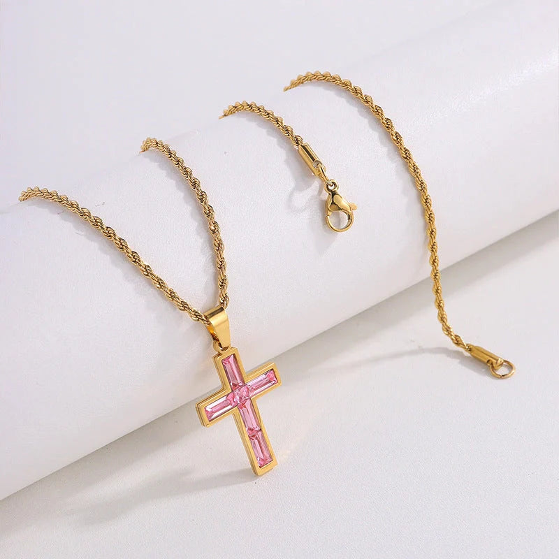 Elegant European and American-inspired diamond cross necklace with unique geometric design and vibrant, fade-resistant finish