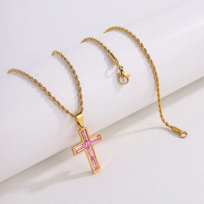 Elegant European and American-inspired diamond cross necklace with unique geometric design and vibrant, fade-resistant finish