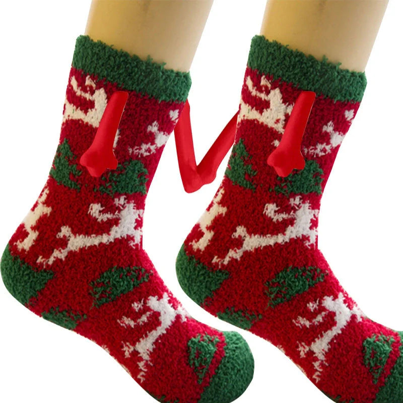 Christmas couple socks with magnetic suction feature for hand holding, in various animal patterns