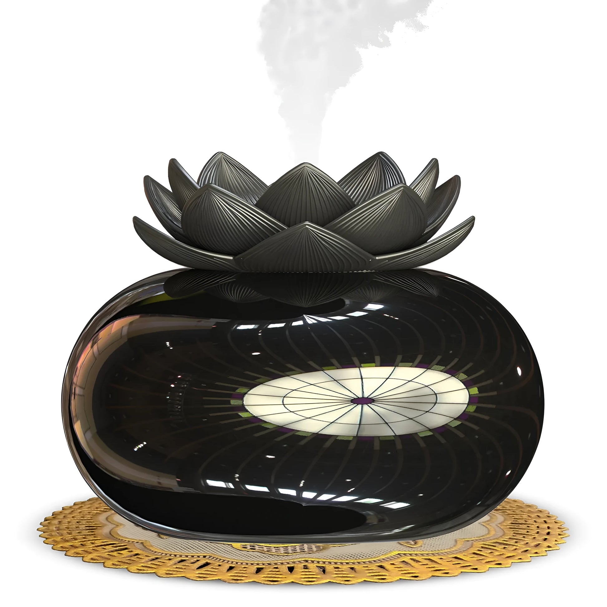 Round black Lotus aromatherapy humidifier with USB cable connection and single mist outlet
