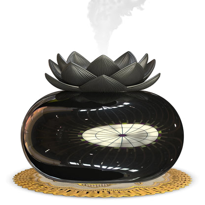 Round black Lotus aromatherapy humidifier with USB cable connection and single mist outlet