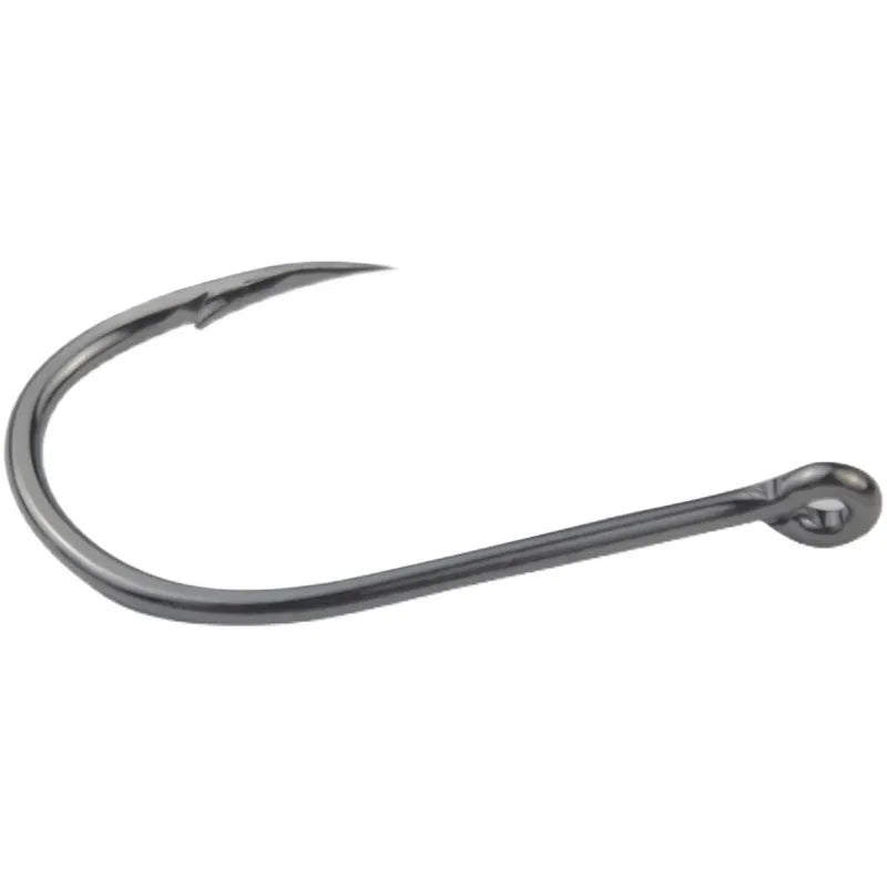 Bulk pack of barbed fishing hooks in various sizes on a blue background, showing crooked mouth and hole ring design.