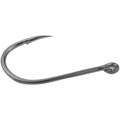 Bulk pack of barbed fishing hooks in various sizes on a blue background, showing crooked mouth and hole ring design.
