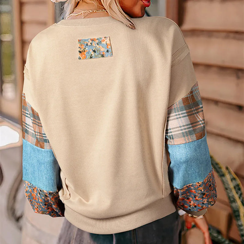 Women's Long-Sleeved Plaid Stitching Top in Thin Polyester Fabric with Loose Japanese-Korean Casual Style in Beige or Red Colours Available in S, M, L, and XL Sizes