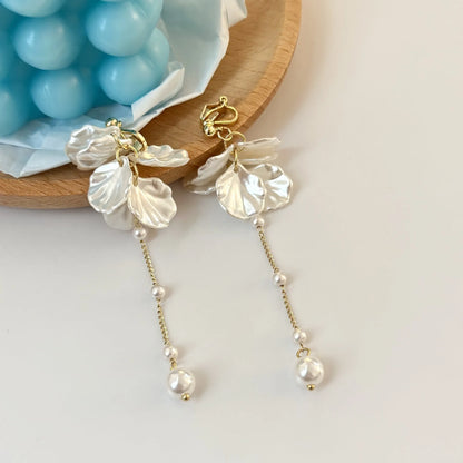 Women's acrylic shell pearl tassel earrings showing four ear clip types and casual style design