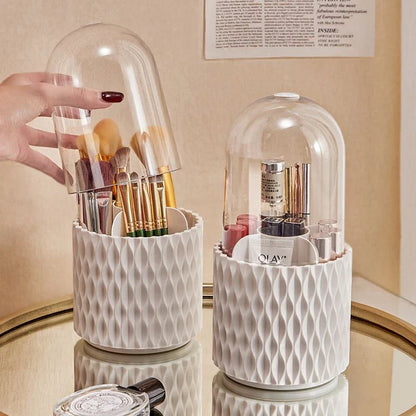 Rotating acrylic makeup brush holder with transparent dust cover for easy access and brush protection