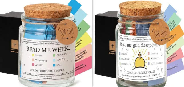 Glass Bible verses jar with cartoon design containing 90 rolled scripture papers in multiple colour options