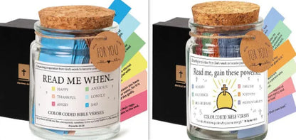 Glass Bible verses jar with cartoon design containing 90 rolled scripture papers in multiple colour options