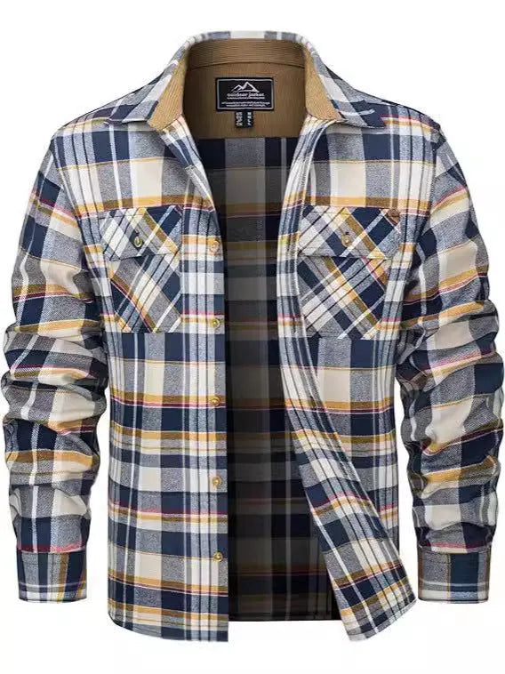 Men's polyester flannel button shirt in plaid pattern showing colour options and button-front design