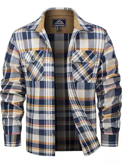 Men's polyester flannel button shirt in plaid pattern showing colour options and button-front design
