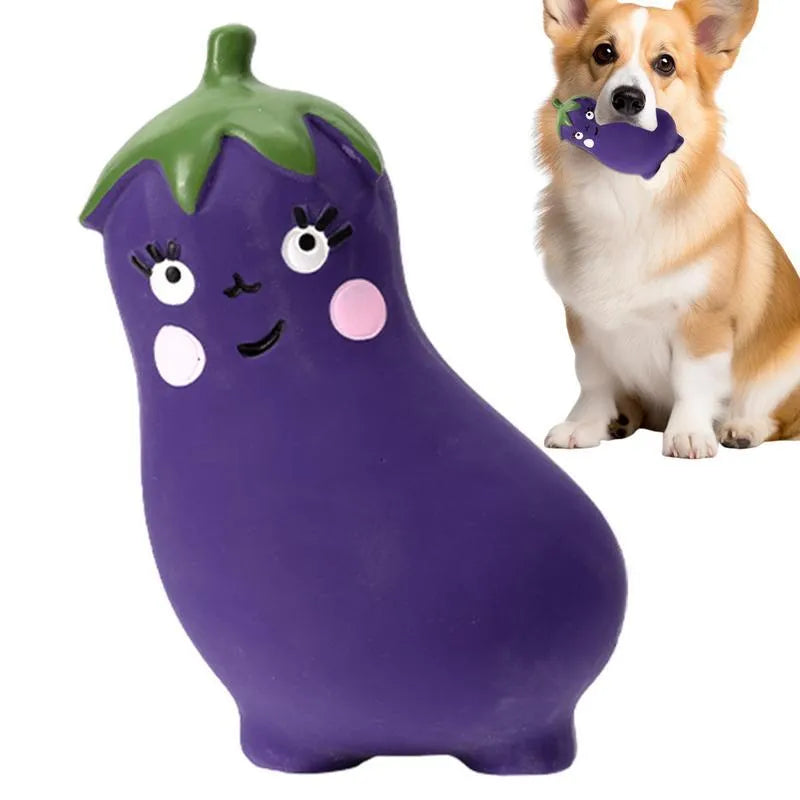 Cartoon onion and eggplant latex dog chew toy in green, orange, or purple colour options.