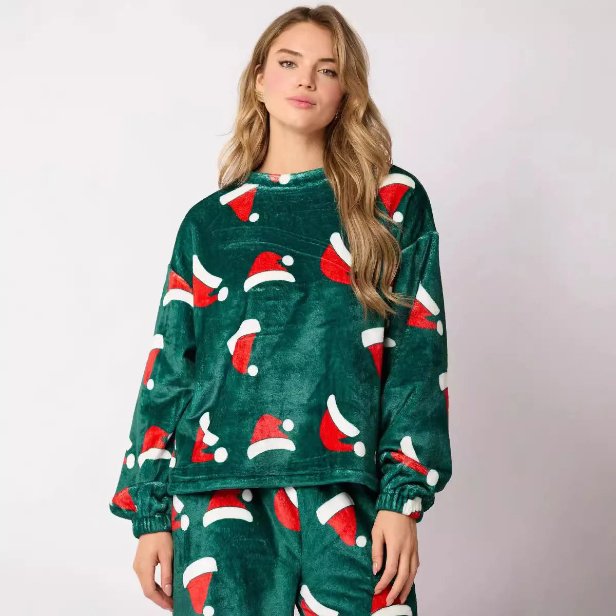 2024 women's flannel pajama set with Santa Claus design and long sleeves
