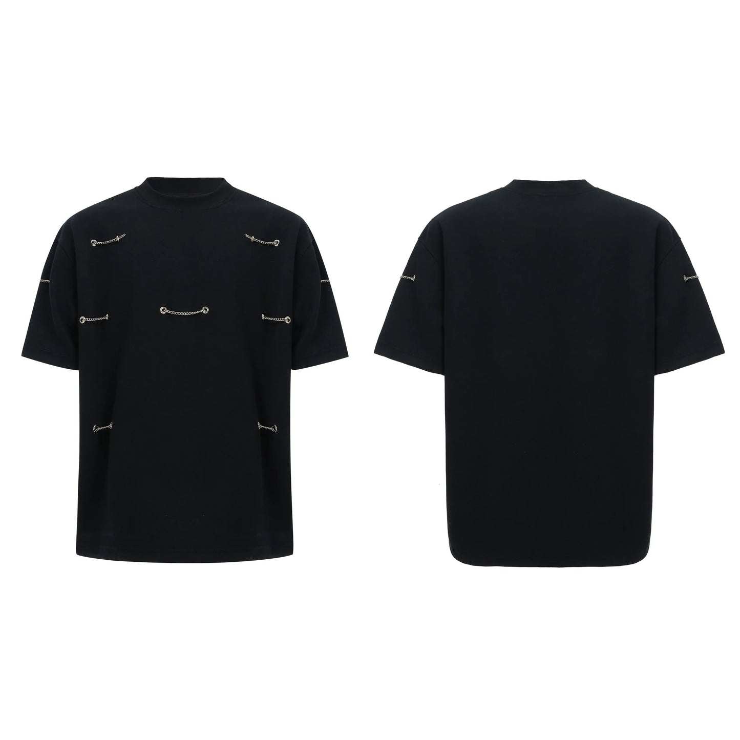 Black men's t-shirt with metal chain and padded shoulder detail on a short sleeve cotton-polyester blend.