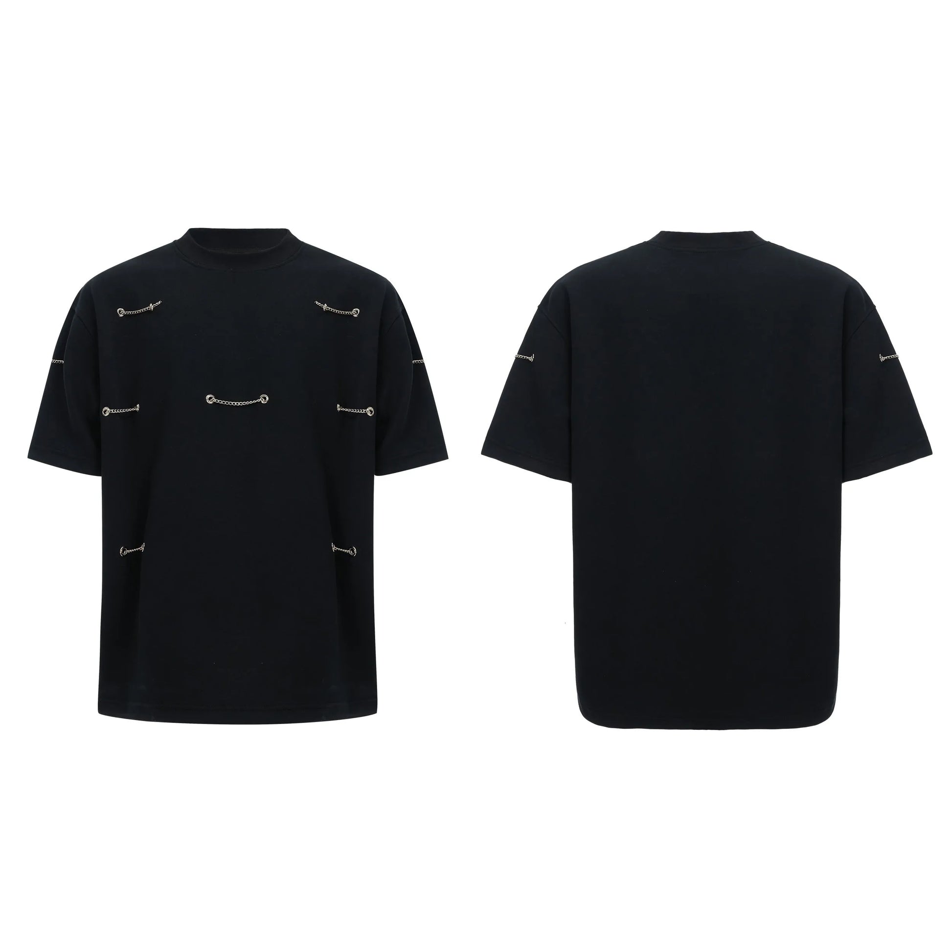 Black men's t-shirt with metal chain and padded shoulder detail on a short sleeve cotton-polyester blend.