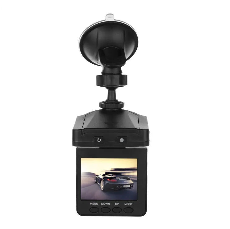 Driving recorder with 6 lights, night vision, motion detection, 1080p, and optional memory card.