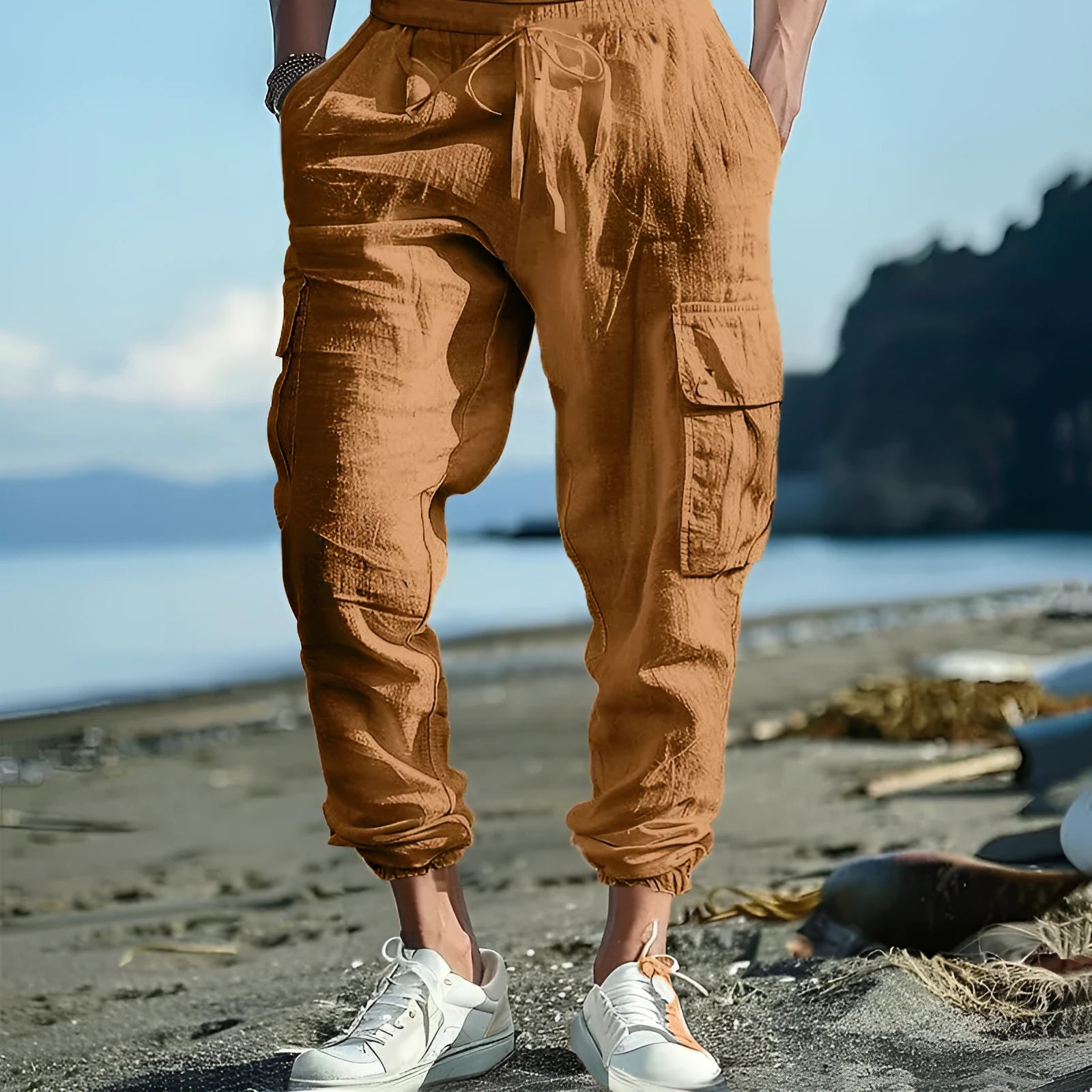 Men's linen casual trousers with adjustable ankle ties and four pockets in khaki colour