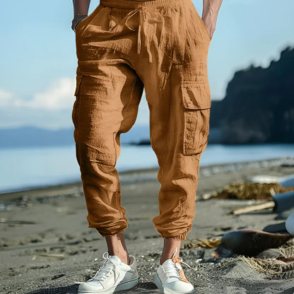 Men's linen casual trousers with adjustable ankle ties and four pockets in khaki colour