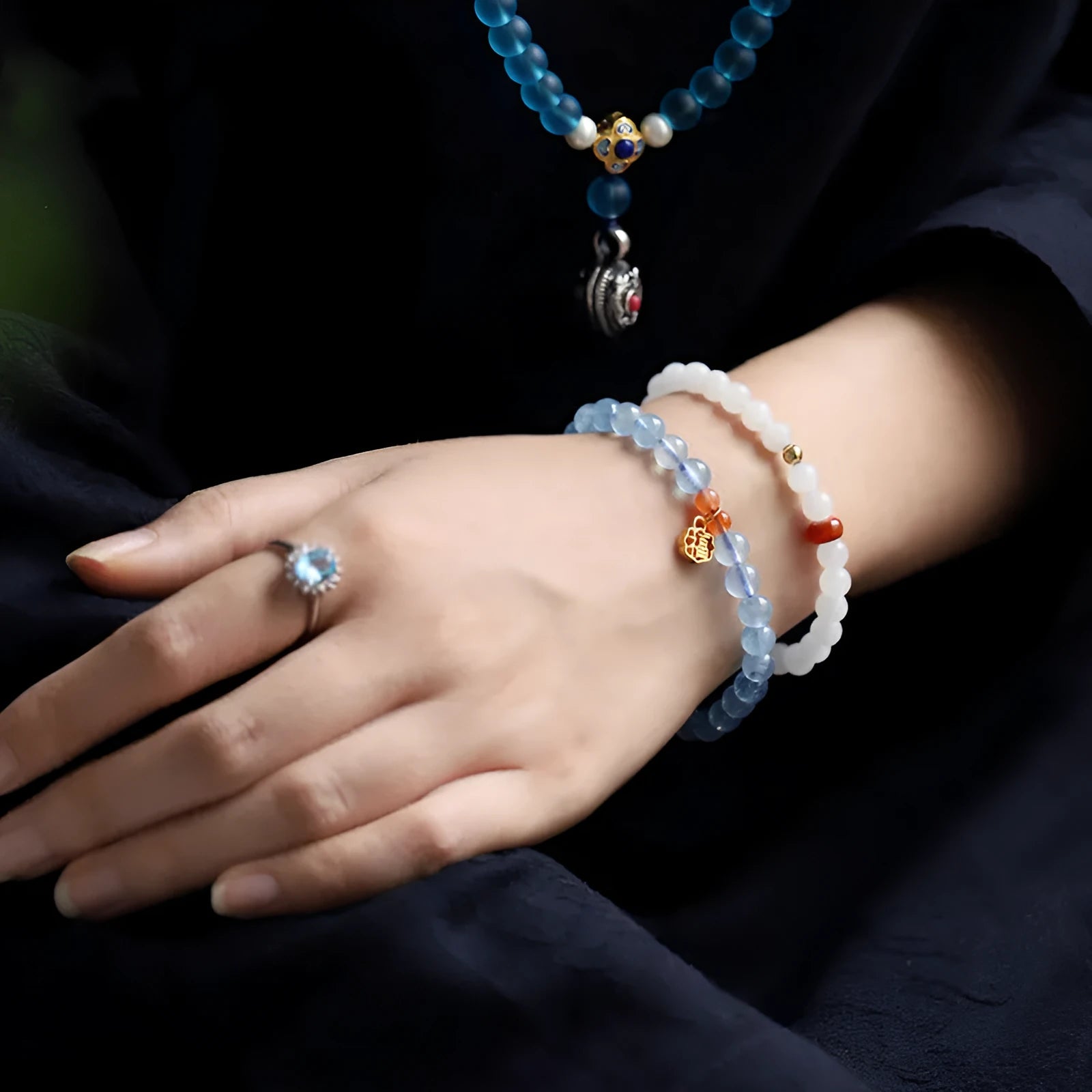 Ice translucent aquamarine crystal bracelet with 8mm round beads and sequin accents