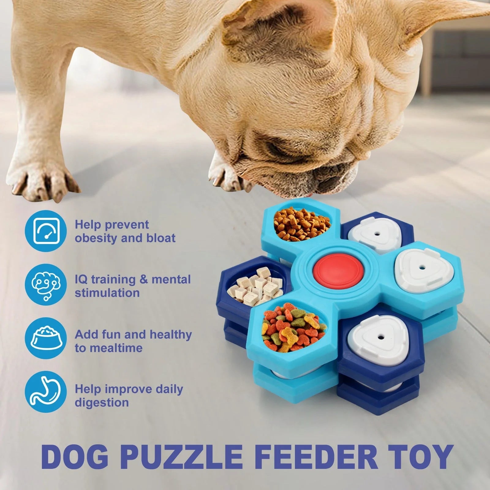 Blue 4-layer slow feeder puzzle dog bowl for mental stimulation and digestion