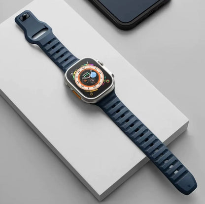 Fluoro rubber Apple Watch strap with T-buckle closure in black, orange, grey, starlight, pink or blue