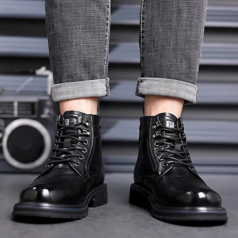 Black patent leather women's ankle boots with a low square heel and high shaft on a white background.