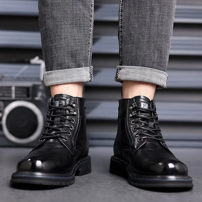 Black patent leather women's ankle boots with a low square heel and high shaft on a white background.