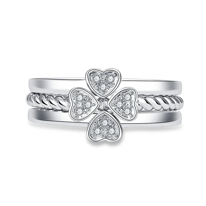 Adjustable four-leaf clover spinning ring set for women with zircon accents