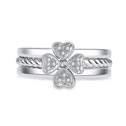 Adjustable four-leaf clover spinning ring set for women with zircon accents