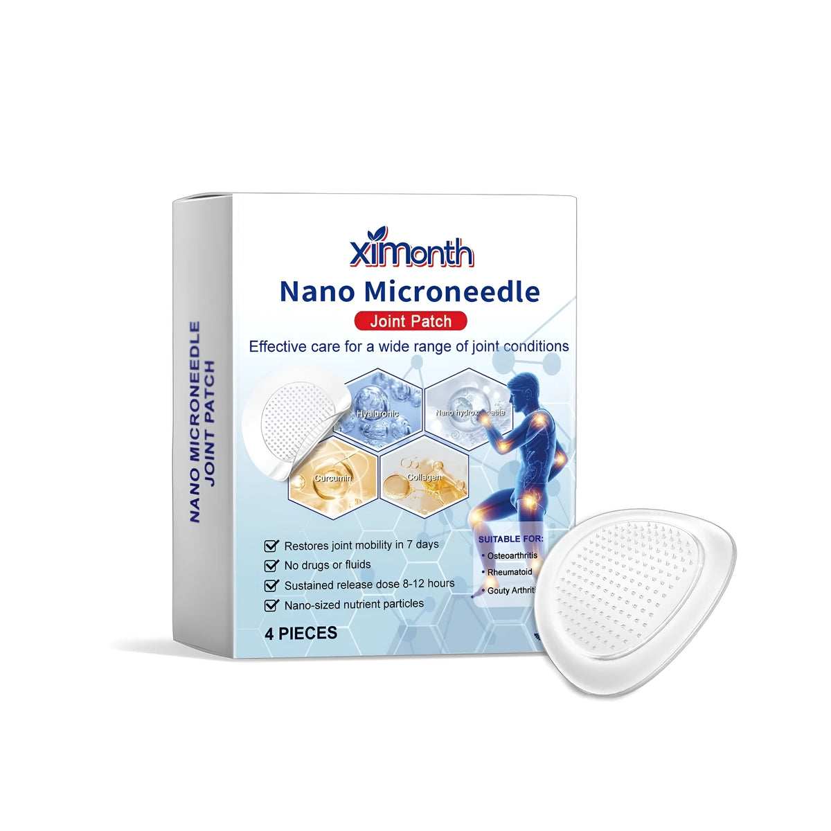 Transparent nano microneedle joint patch pack of four with curcumin and collagen.