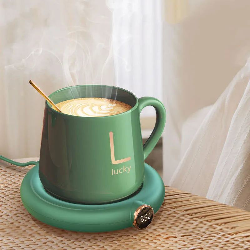 White USB coffee mug warmer coaster on desk with dimensions 130x110mm