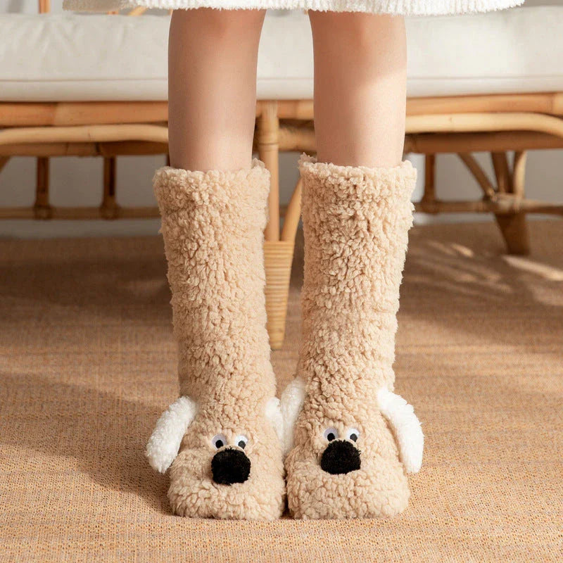 Cozy cartoon dog-themed floor socks in a variety of adorable designs, featuring soft acrylic fabric and non-slip soles