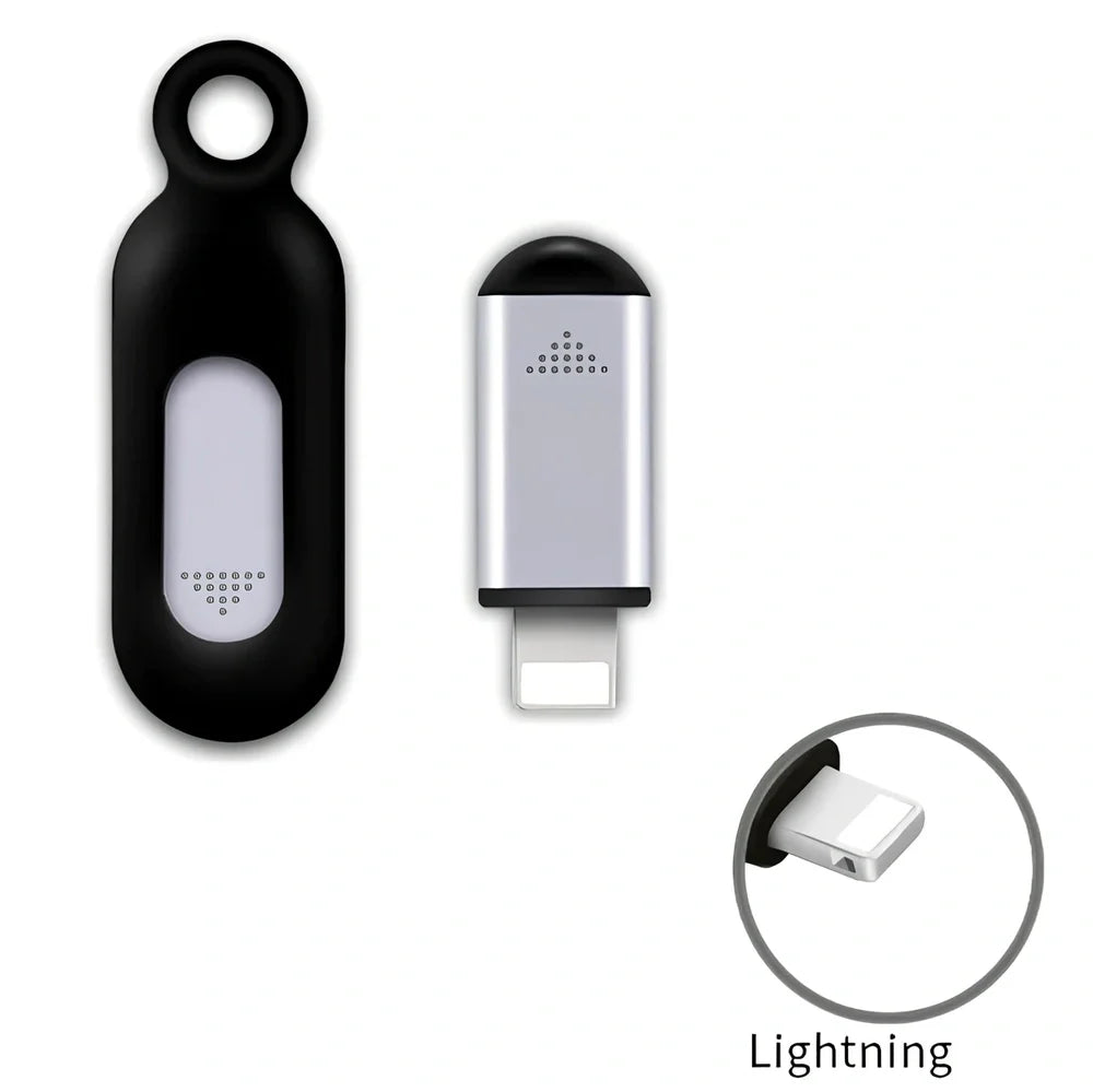 Black mobile phone infrared remote control learning device measuring 42mm by 14mm by 8mm with smartphone connection