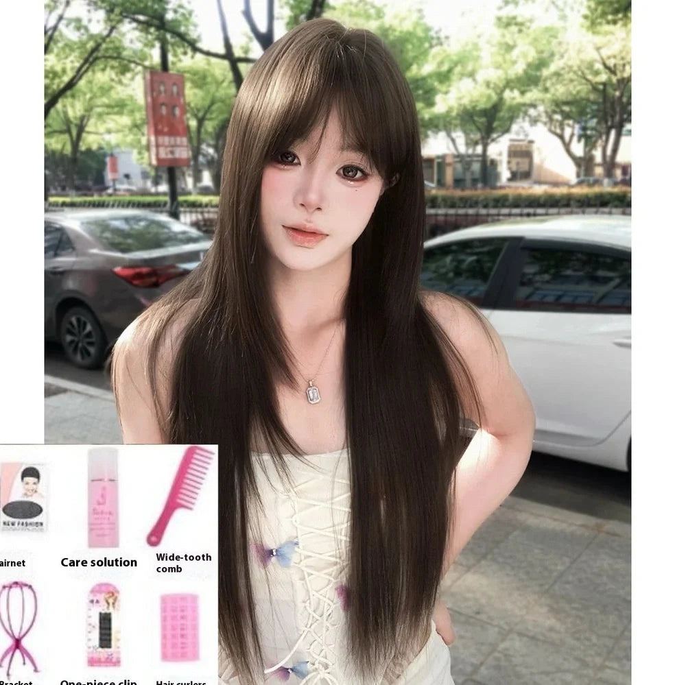 Brown-black high-temperature fibre wig with seven-piece volume-enhancing construction and wear-free hair net