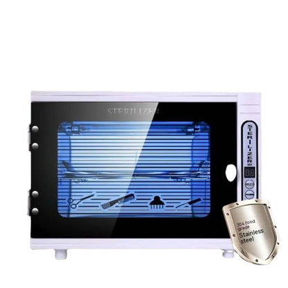 Small silver UV steriliser unit with stainless steel interior for sanitising beauty tools.