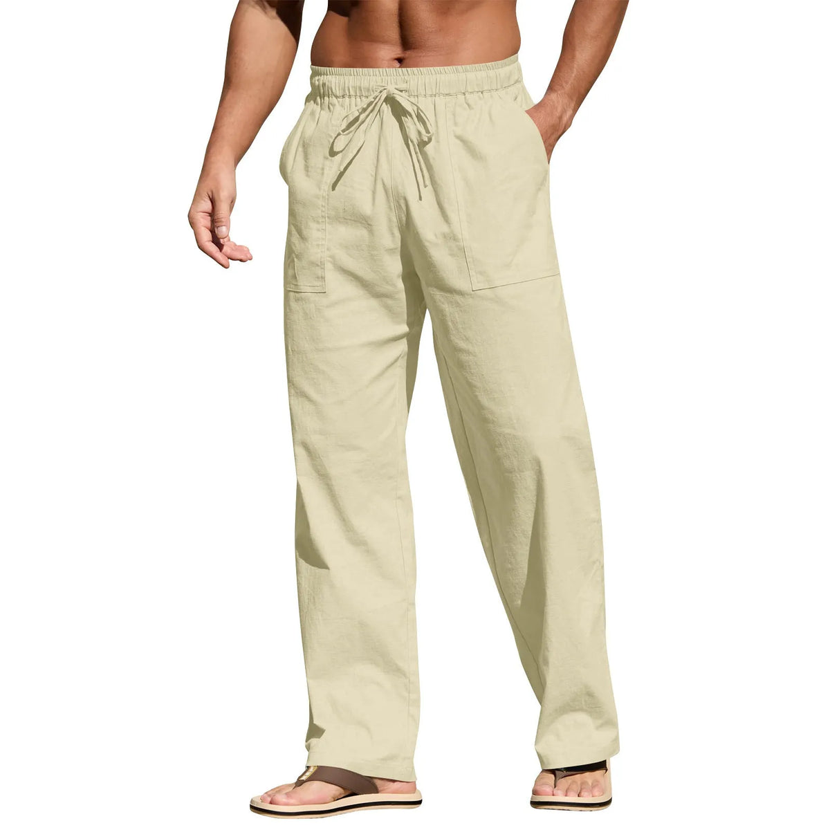 Men's cotton beach trousers with drawstring elastic waist straight leg casual design in multiple colours