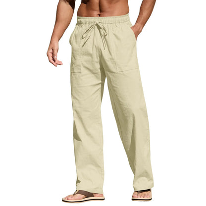 Men's cotton beach trousers with drawstring elastic waist straight leg casual design in multiple colours
