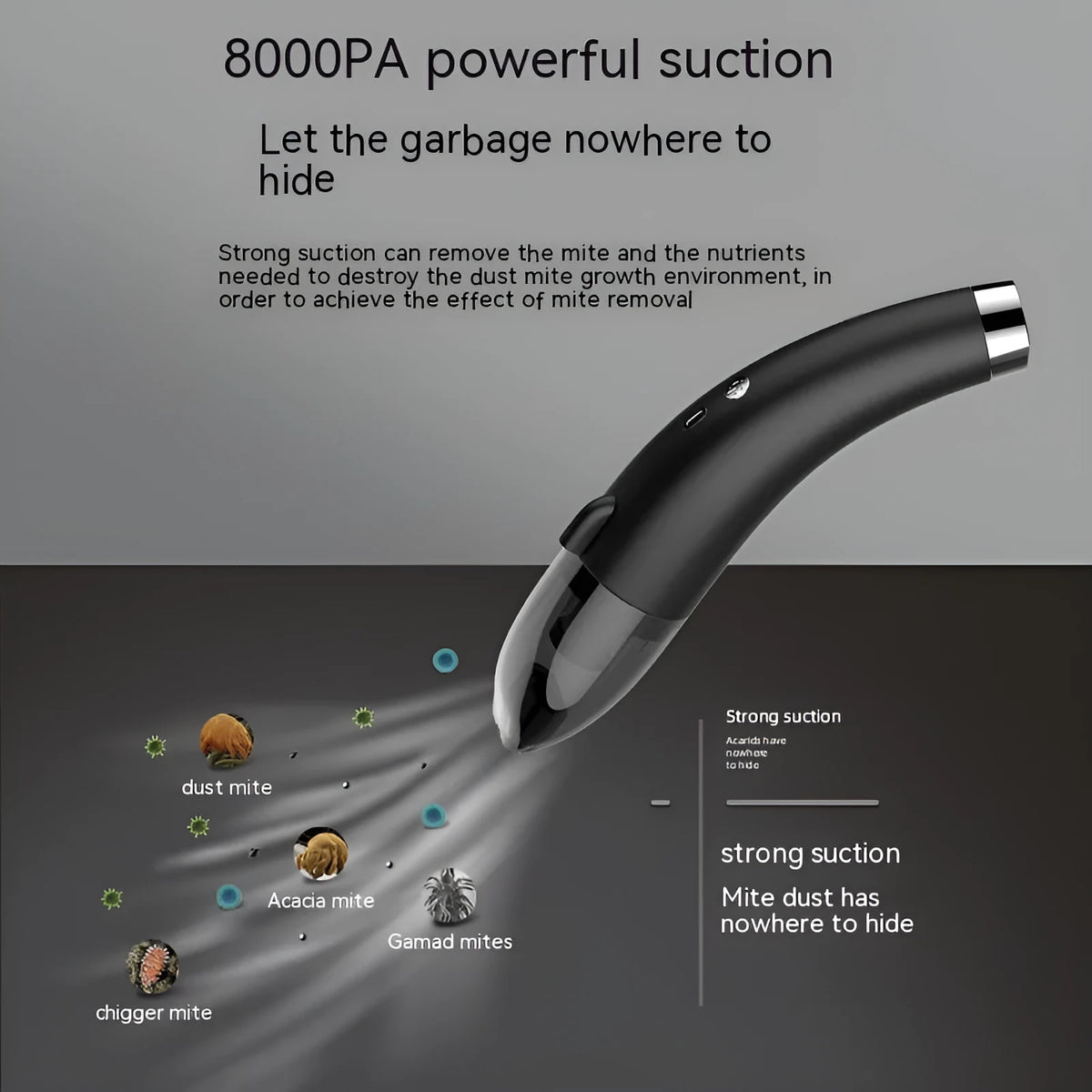 Handheld wireless car vacuum cleaner in black with USB charging cable