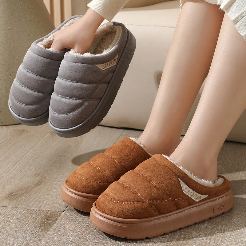 Cozy plush slip-on slippers in various colors, featuring a soft suede-like upper and a supportive EVA sole for maximum comfort and warmth.