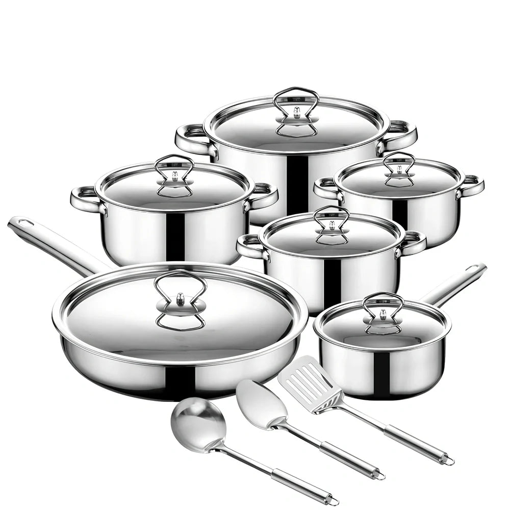 15-piece stainless steel cookware set with 12 pots, glass lids, non-stick pans, and utensils nested at 45x27x17cm